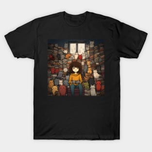 A Girl Surrounded by Playful Cats 3 T-Shirt